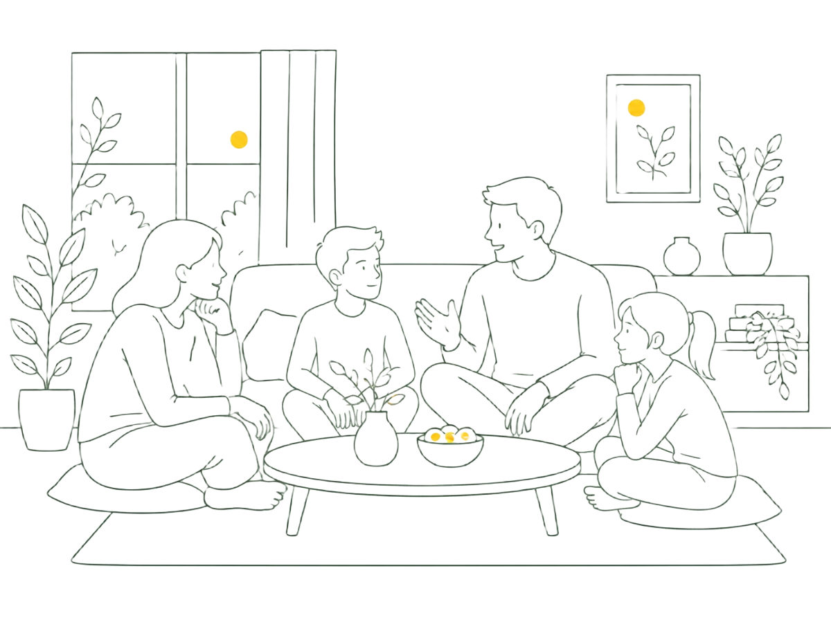 Stregillustration af en familie, der taler sammen omkring et bord